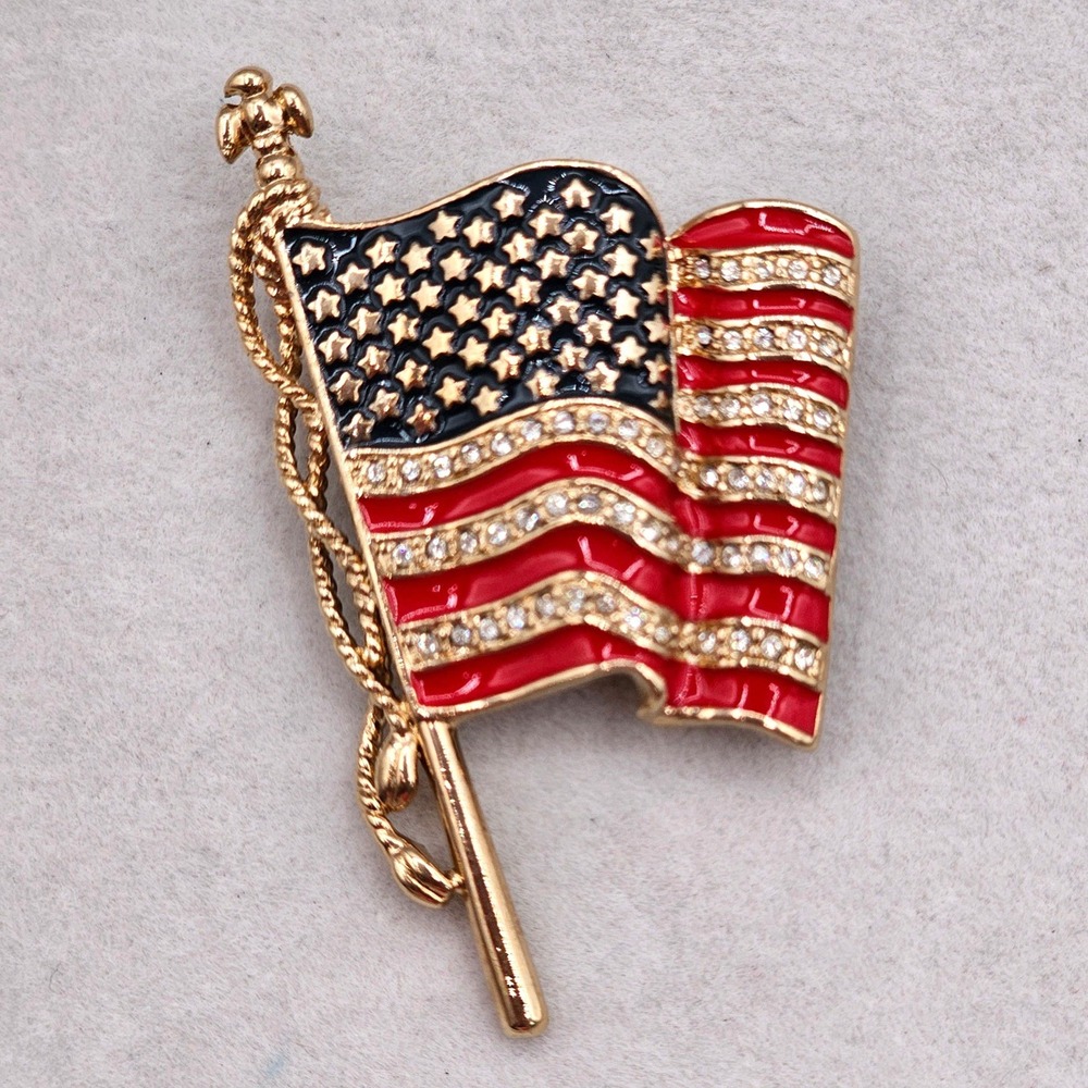 Vintage Monet Rhinestone American Flag Brooch United We Stand 9/11 Tribute Pin